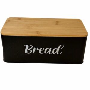 Metal Bread Bin Box Bamboo Cutting Board Lid Black Modern Kitchen Storage